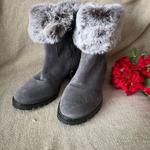 Talbots TISH Gray Suede Foldover Ankle Boot with Faux Fur Trim Size 8.5